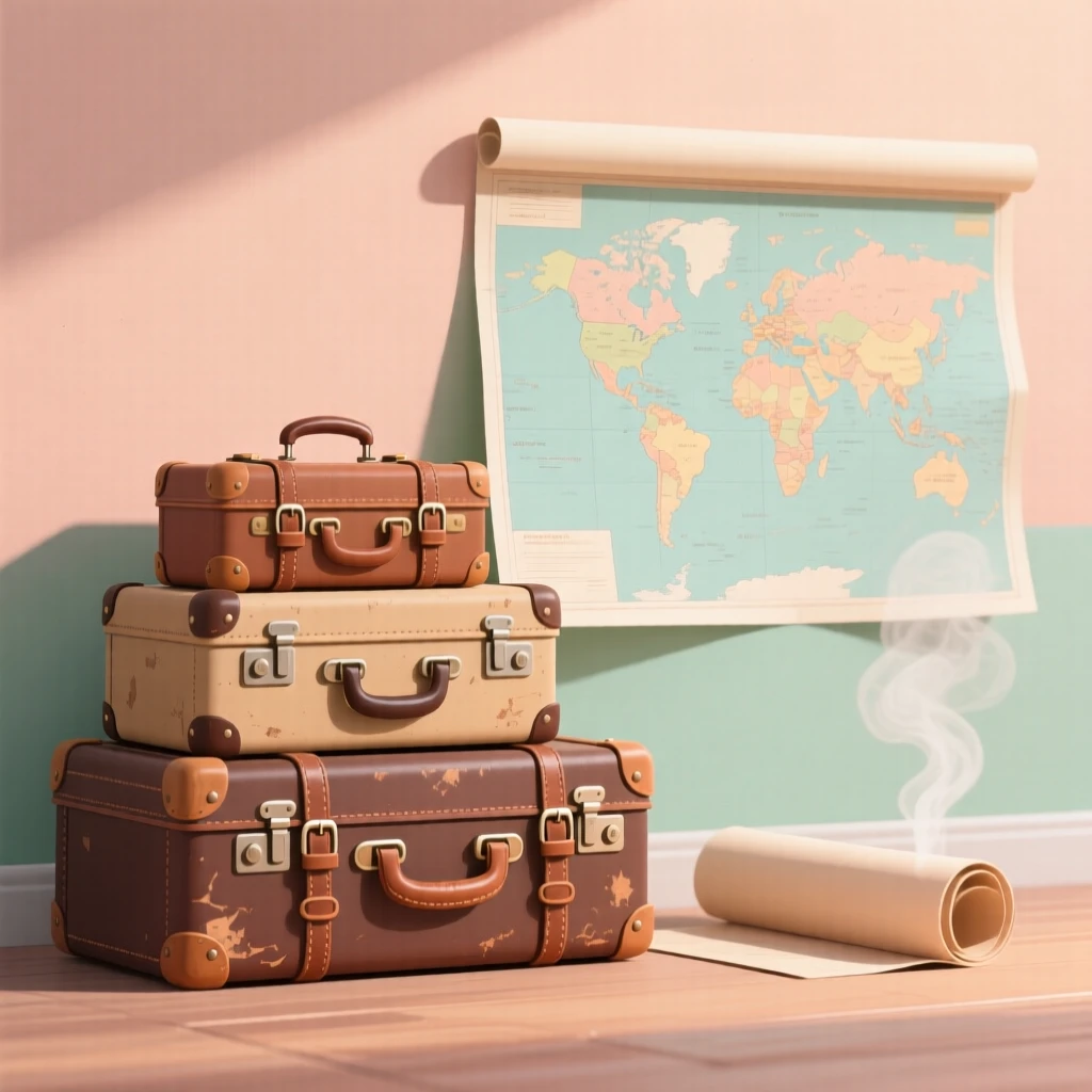 A stack of vintage suitcases beside a travel map, set against a backdrop of pastel-colored walls, composed with a warm, inviting sense of everyday simplicity, with subtle steam rising to add a warm, lived-in feel.
