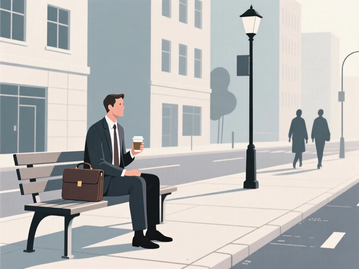 An office worker people-watching from a bench on a quiet weekday morning in the city.