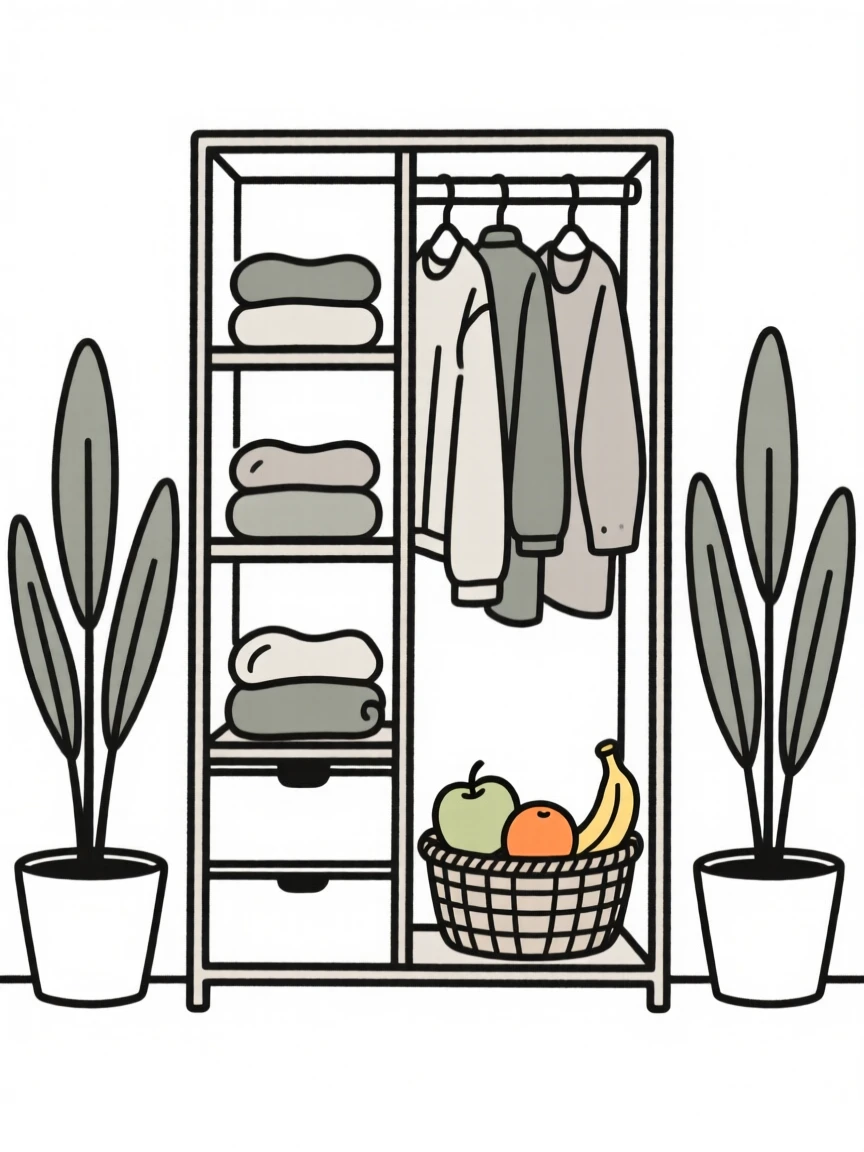 A tidy closet with folded clothes arranged near a woven basket of fruit in a plant-filled apartment, expressing restful ease.