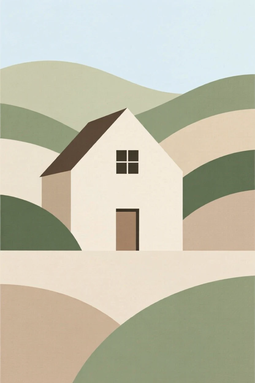 A rustic farmhouse surrounded by rolling hills
