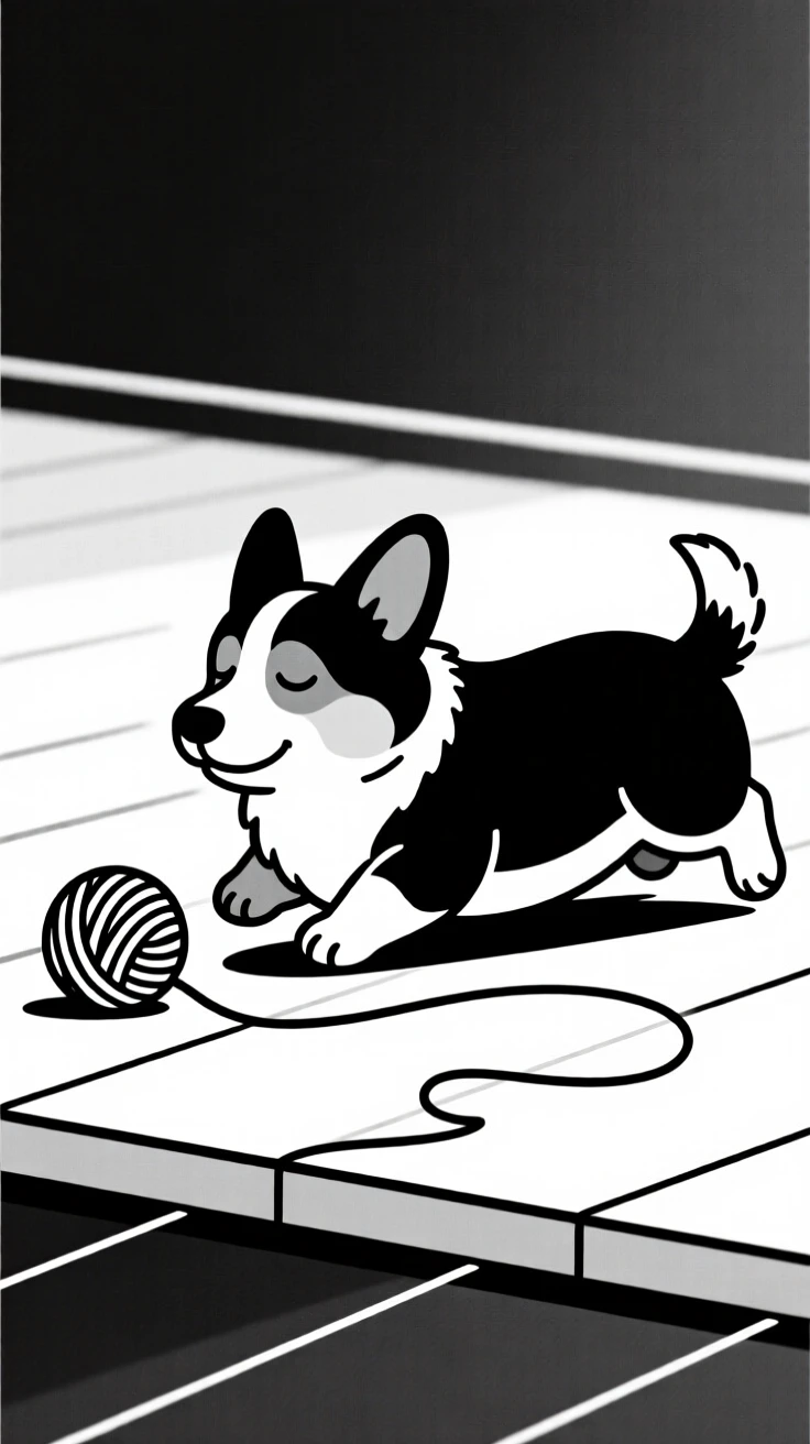 A sleepy corgi chasing a ball of yarn across the floor.