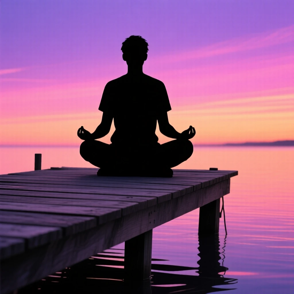 A person sitting cross-legged at the edge of a quiet dock, watching the water.