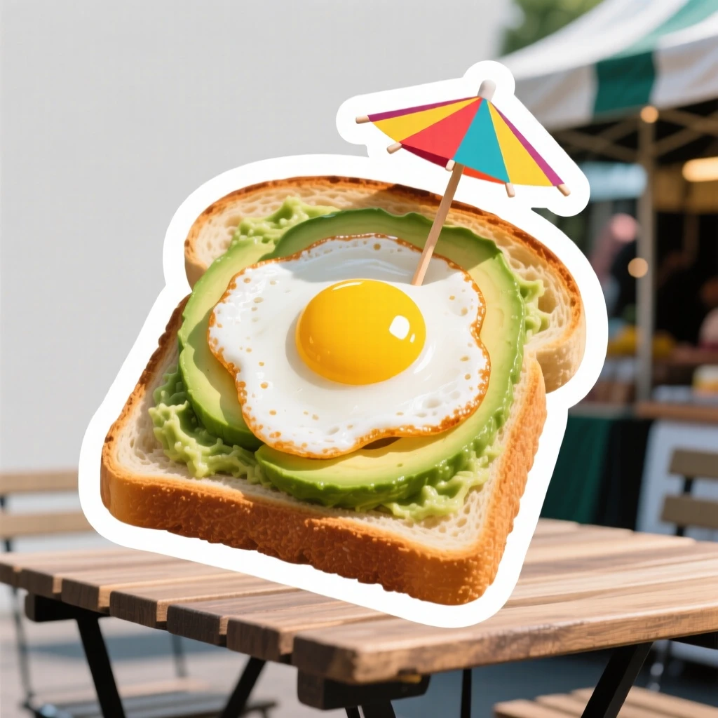 A freshly made slice of avocado toast with a fried egg, with a small flag or umbrella decoration on top, at an outdoor market stall.