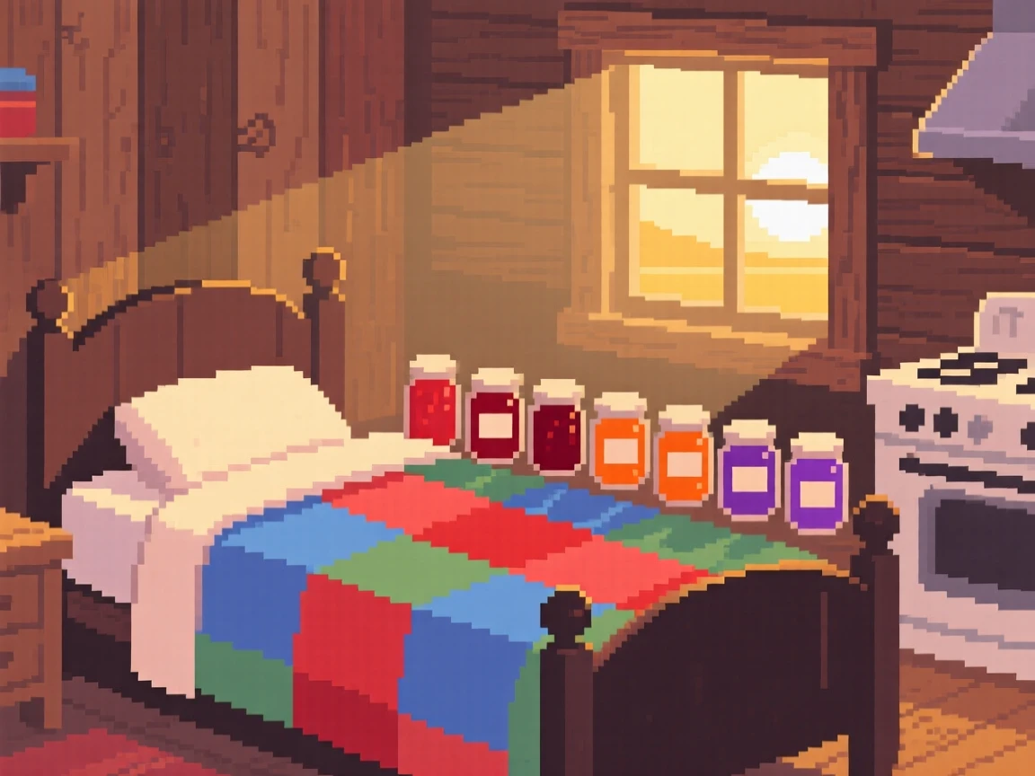 A quilt-covered bed lined with jars of homemade jam, in a farmhouse kitchen at sunrise.