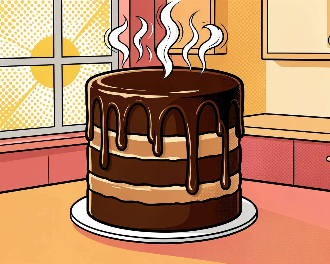 A towering chocolate layer cake with dripping ganache steaming warmly on a cozy kitchen counter