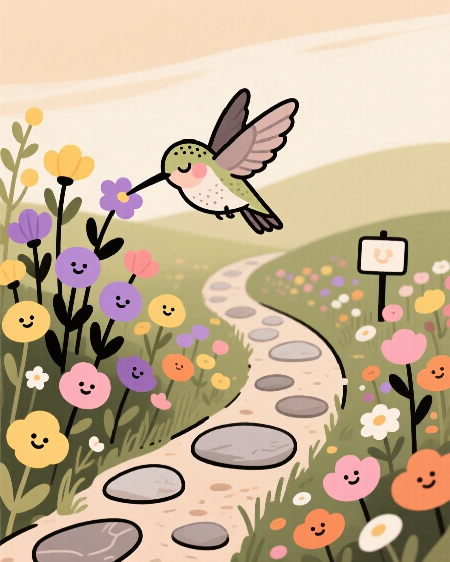 A winding path leads through a cottage garden bursting with wildflowers of every color, where a hummingbird pauses among the blooms.