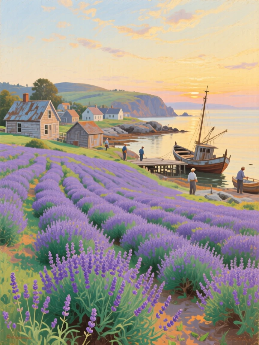 A grand panoramic scene of a lavender field in full bloom under a warm summer sun, in a New England fishing town, at dusk.