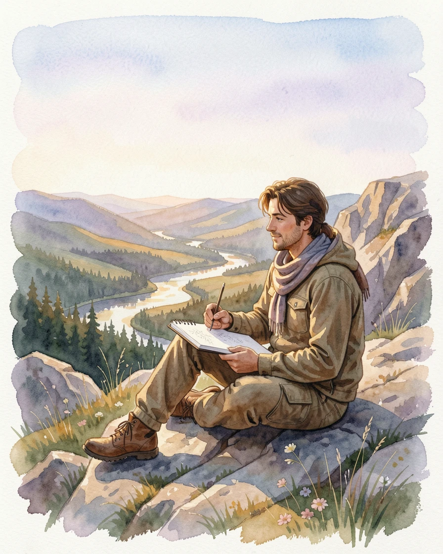 A traveler sketching a landscape from a mountain overlook with a calm and contented expression.
