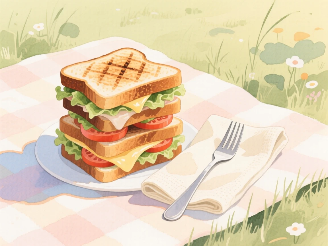 A stack of grilled sandwiches sits beside a linen napkin and silver fork on a picnic blanket in a meadow, arranged beautifully for a delightful meal