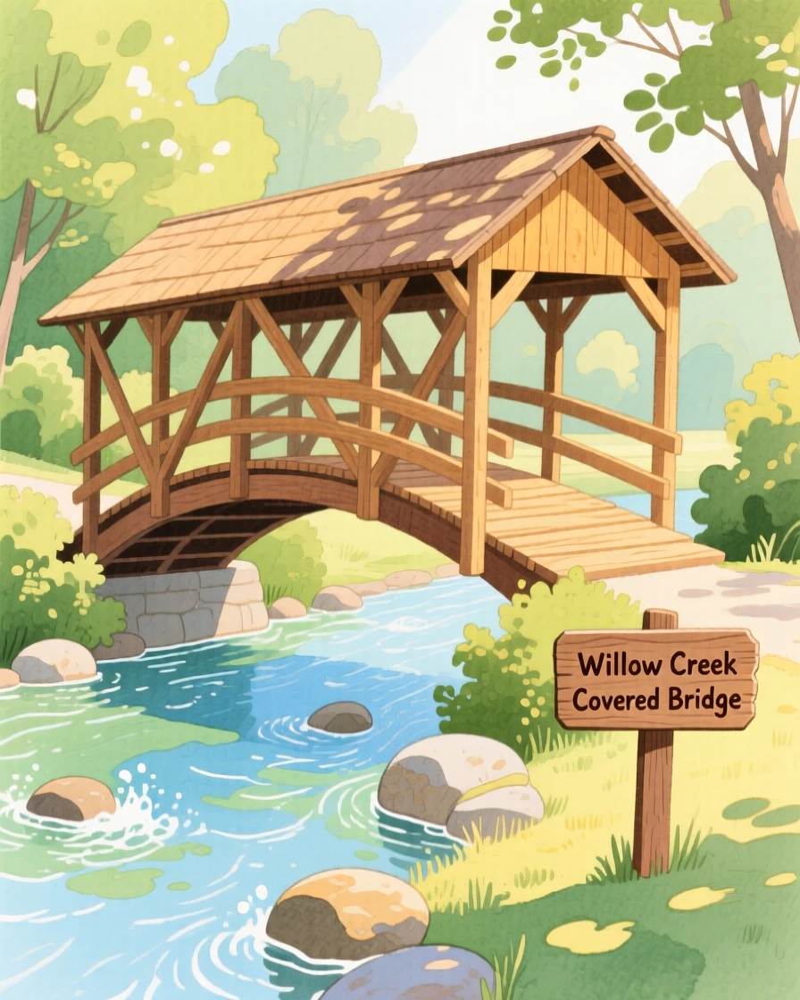 A covered wooden bridge over a babbling creek, peaceful and full of gentle motion.