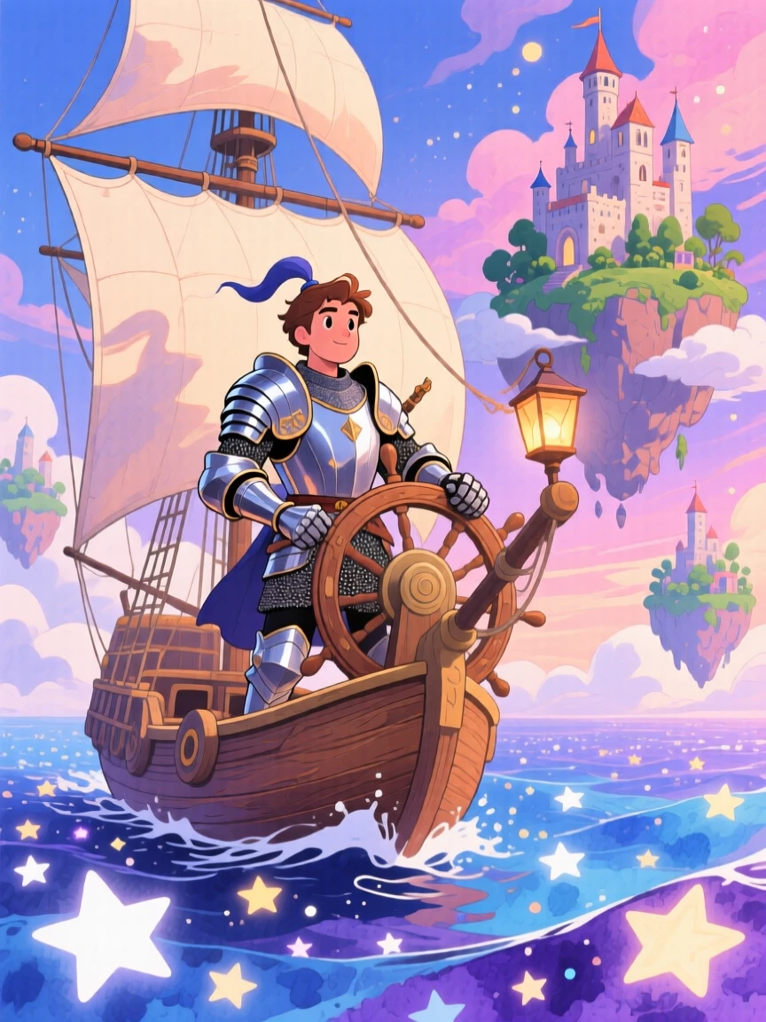 A brave knight in gleaming armor sailing a ship through a sea of stars, in a floating island kingdom above the clouds, evoking a sense of epic adventure and courage.