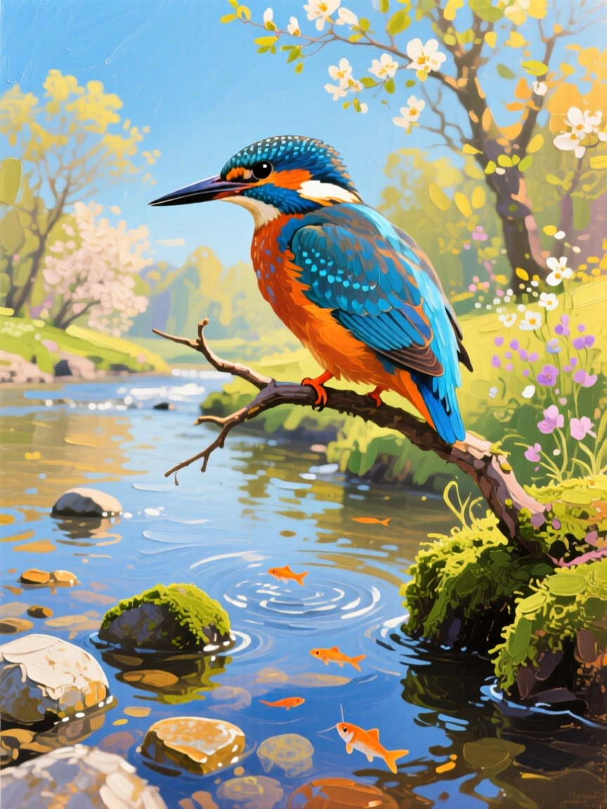a kingfisher poised above a clear stream, on a bright spring morning, with a clear foreground, subject, and distant setting.