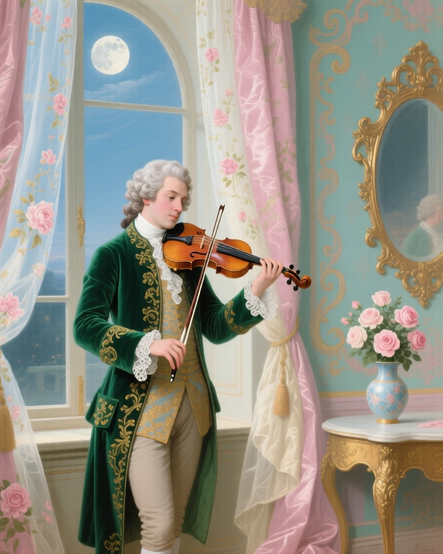 A violinist in a velvet coat pausing beside a moonlit window  