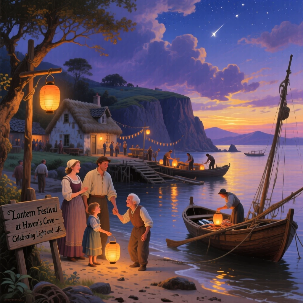 A family celebrates a festival in a coastal fishing village as lanterns glow in the dusk.