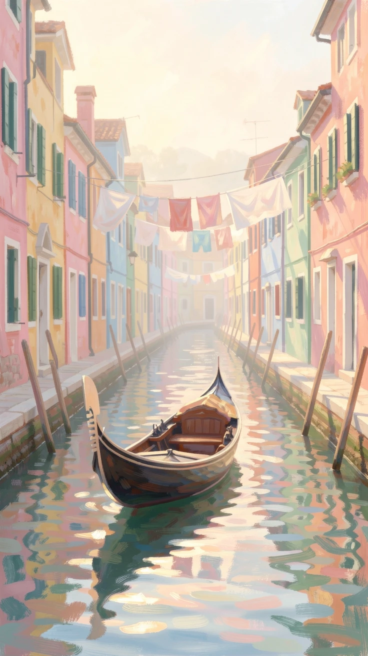 A gondola drifting past the colorful facades of Burano island, laundry strung between windows overhead.