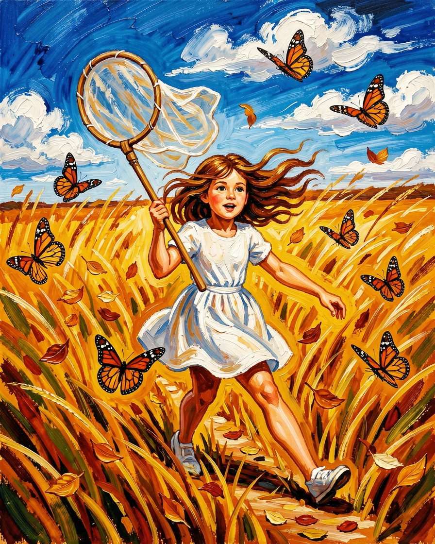 A young girl with a butterfly net chasing monarchs through a golden autumn field.