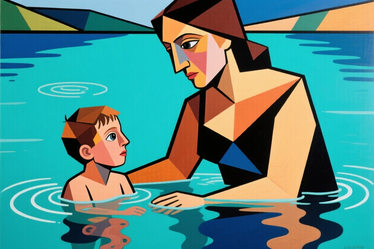 A mother teaching her son to swim in a calm turquoise lagoon.