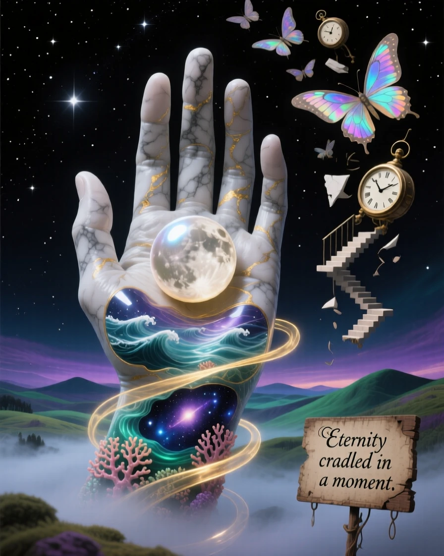 A moon-sized pearl resting quietly in the palm of a giant hand spins gently at the center of an infinite dark sky, as a soft golden light spills over distant sleeping hills.