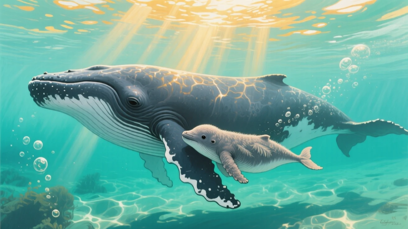 A whale calf swims closely beside its mother in the warm waters of Tonga, sunbeams penetrating the surface to illuminate their massive gentle forms, small details in its fur or feathers catching the light with remarkable clarity.