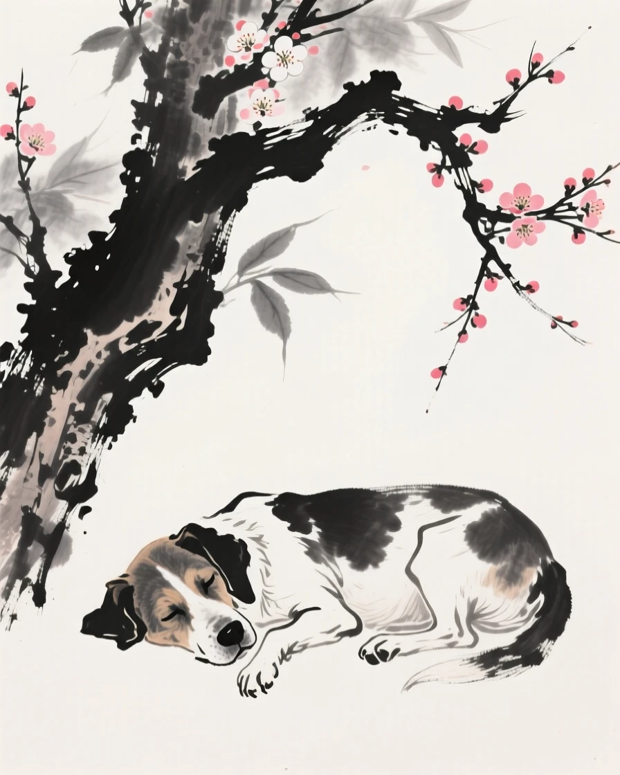 An old dog lies peacefully beneath a blossoming tree, as a gentle breeze stirs the surrounding leaves.