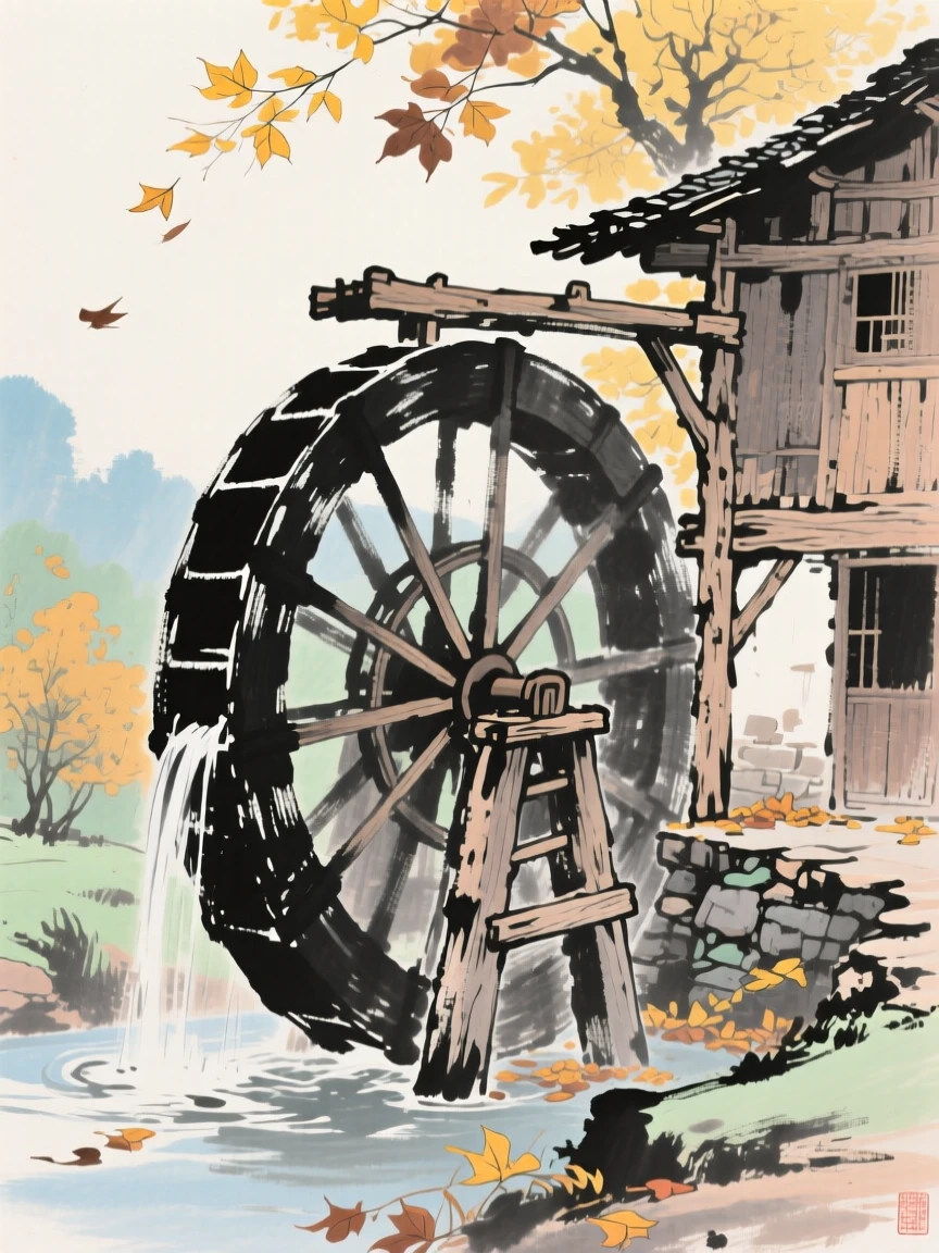An old wooden waterwheel turning slowly beside a village mill, imbued with timeless calm, as autumn leaves turn golden.