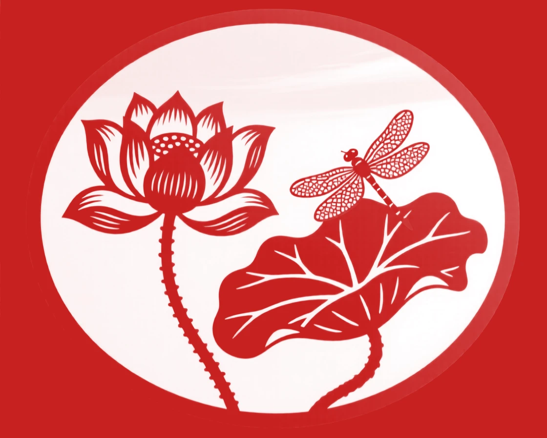 A single lotus bloom framed against a pale morning sky, while a dragonfly rests on a single leaf.