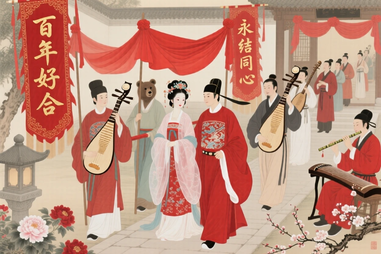 A wedding procession with musicians and red silk banners