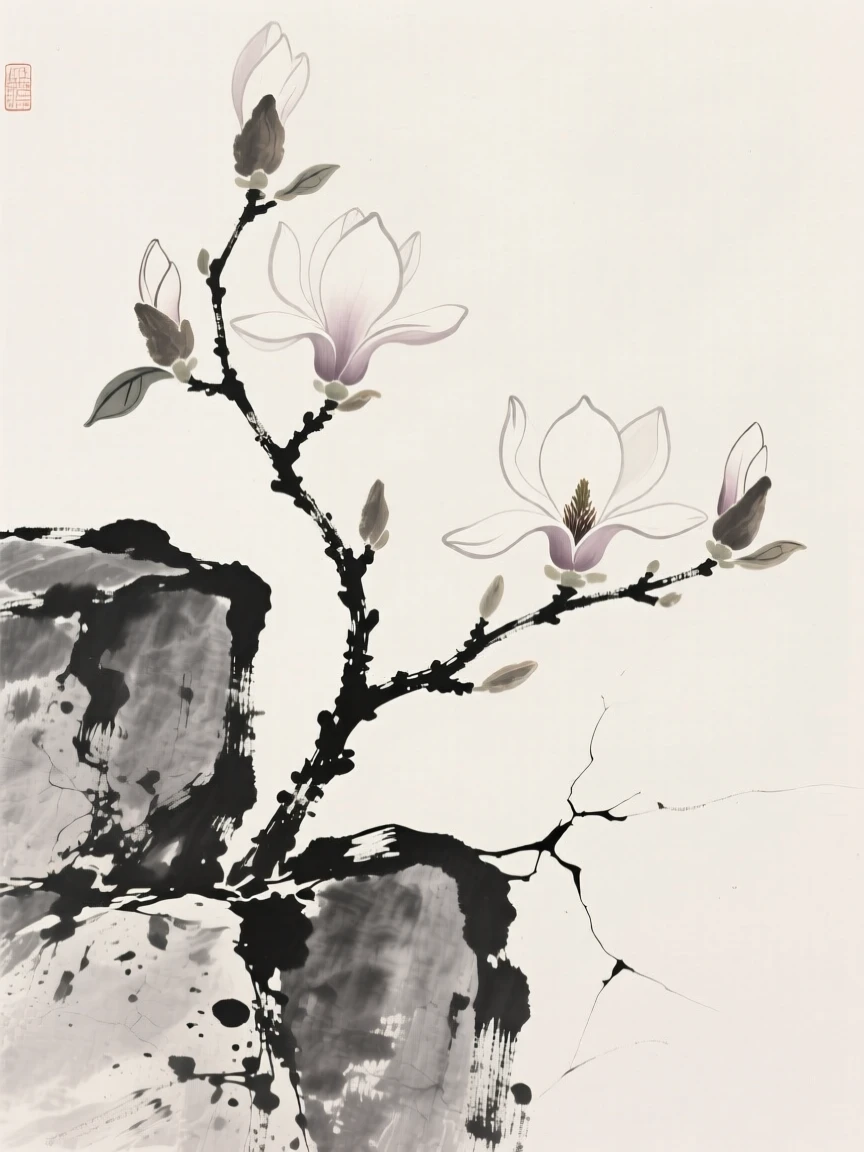 A blooming magnolia branch growing from a crack in an old stone wall, rendered in close, intimate detail, conveying gentle stillness and natural harmony.