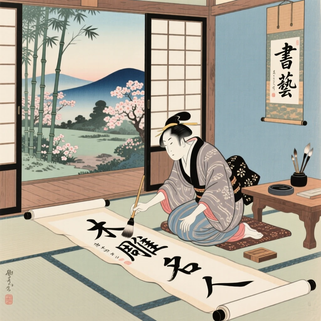 A woodcarver brushing elegant characters onto a long scroll.