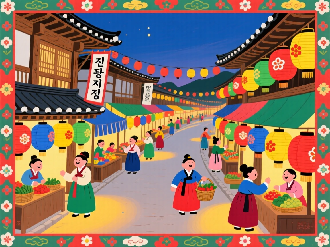 A view of a traditional market street lined with paper lanterns, as lanterns are lit for the evening.