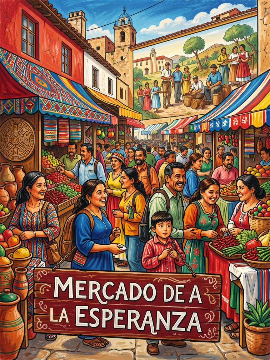 A group of travelers exploring a colorful open-air market