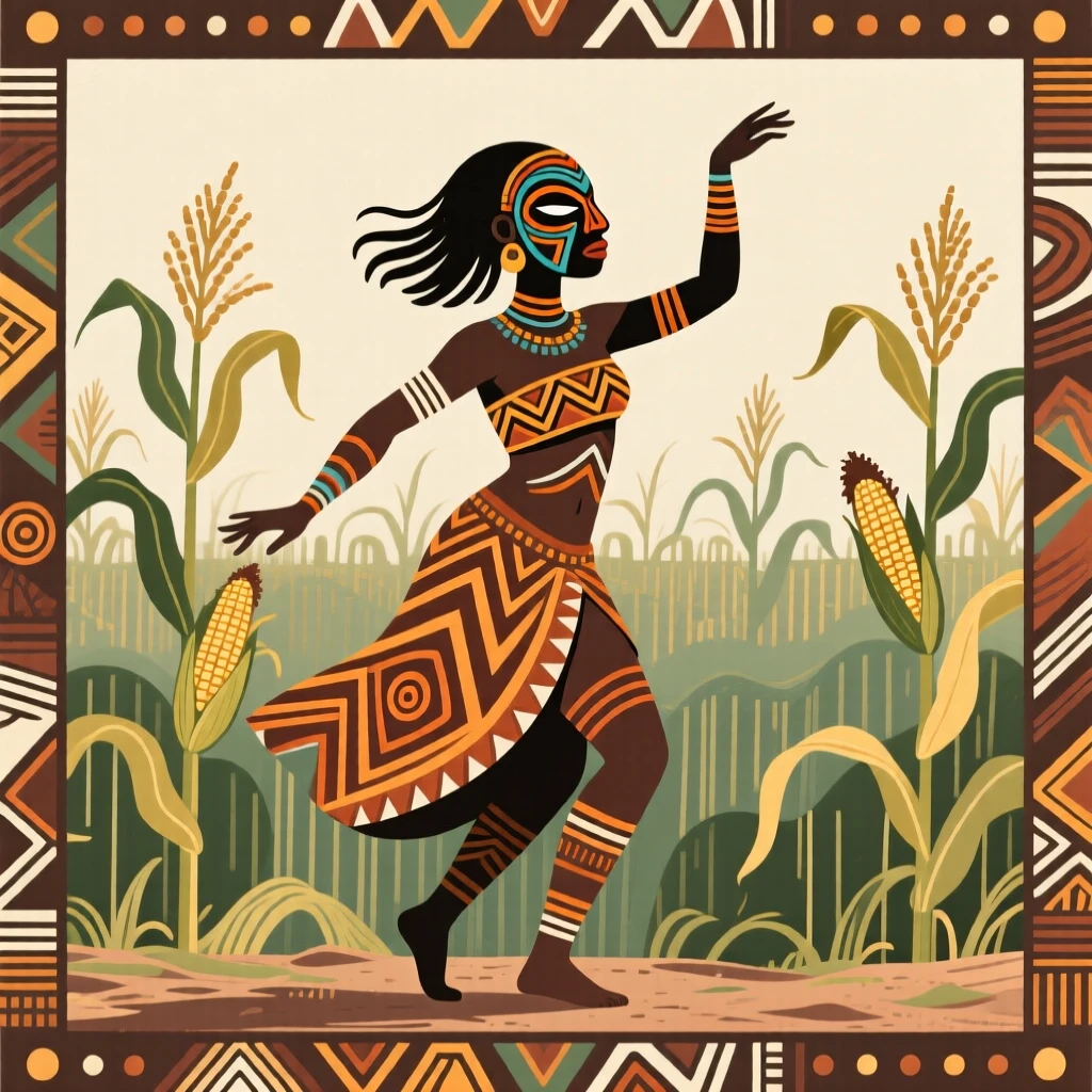 A graceful young dancer standing at the edge of a maize field.