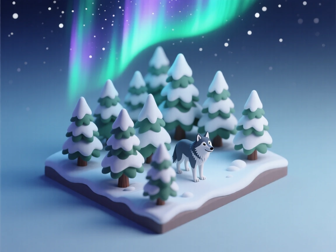 A snow-dusted evergreen forest under a starry sky, the aurora borealis shimmering faintly above the treeline, and a lone wolf watching from the shadows.