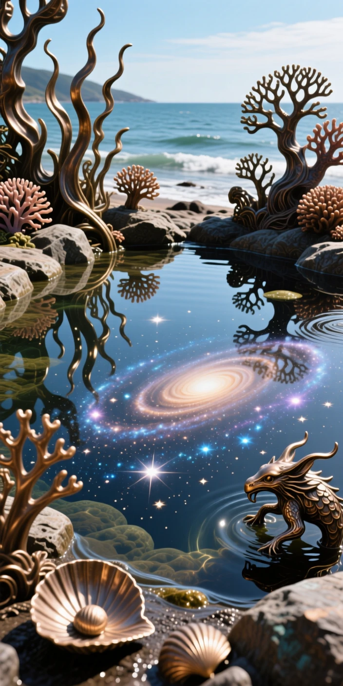 A magical tide pool reflecting galaxies instead of sky, with intricate, fantastical detail throughout, transporting the viewer to another world