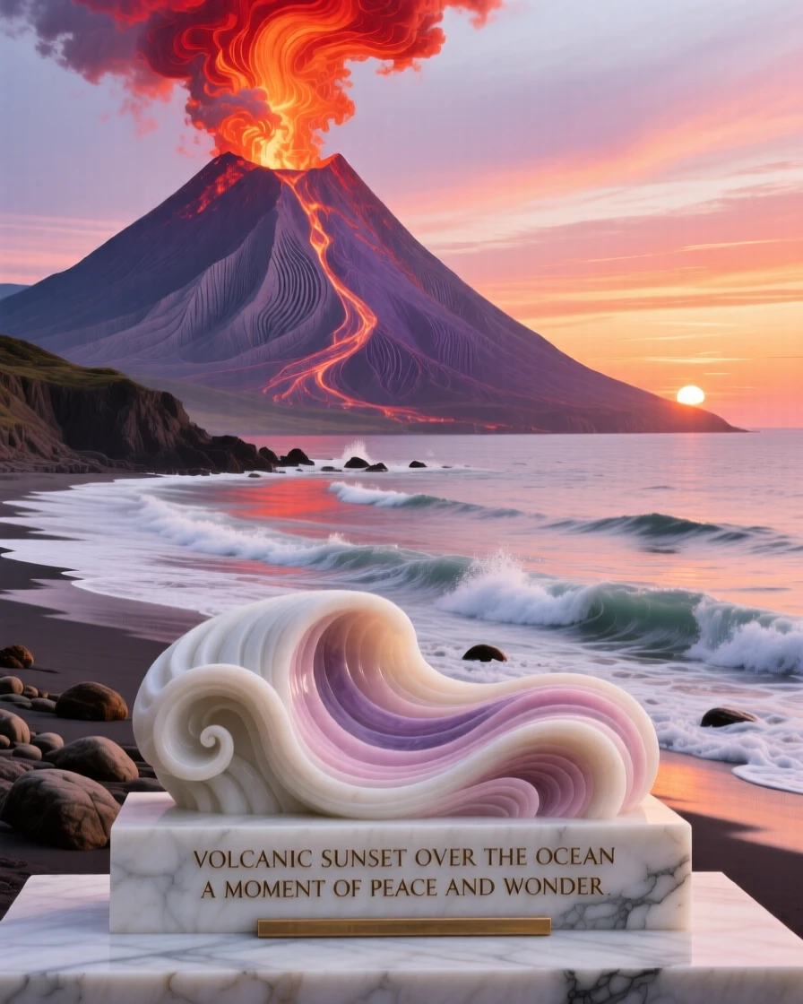 A breathtaking view of a volcanic sunset over the ocean, rich with color and atmosphere, evoking peace and wonder