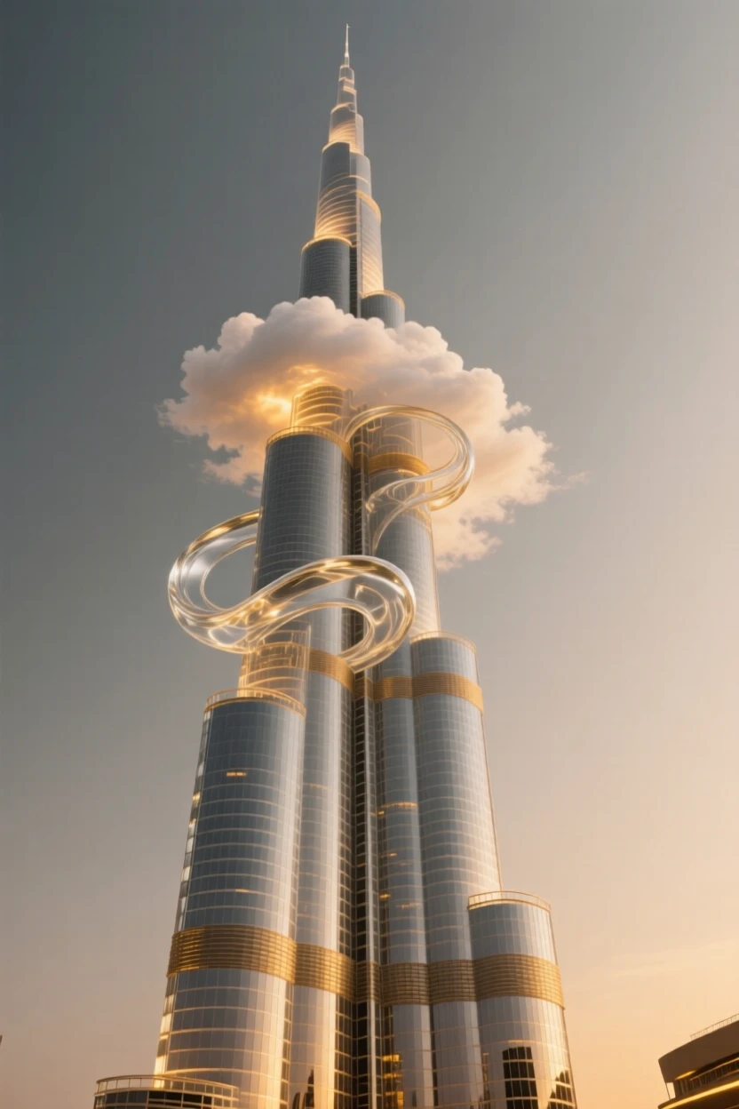 The Burj Khalifa piercing through clouds, viewed from a dramatic low angle under a vivid sunset sky, warm golden light highlighting every architectural detail, awe-inspiring and grand.