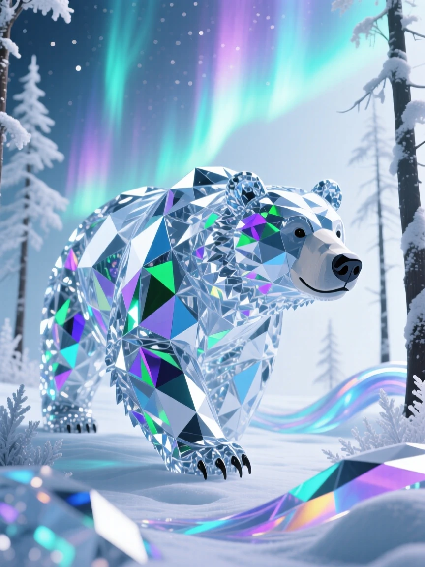 A colossal spirit bear walking through an aurora-lit arctic forest.