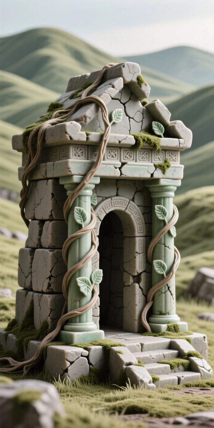 An ancient stone temple wrapped in vines framed by rolling hills in the distance, with weathered stone showing centuries of history, evoking timeless wonder and quiet grandeur.