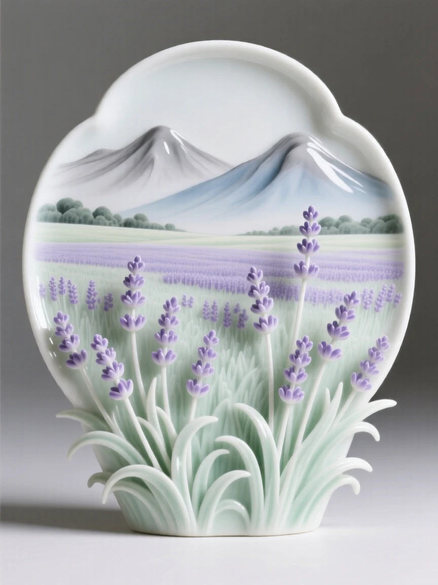 A tranquil field of lavender stretching to the horizon, framed by distant mountains.