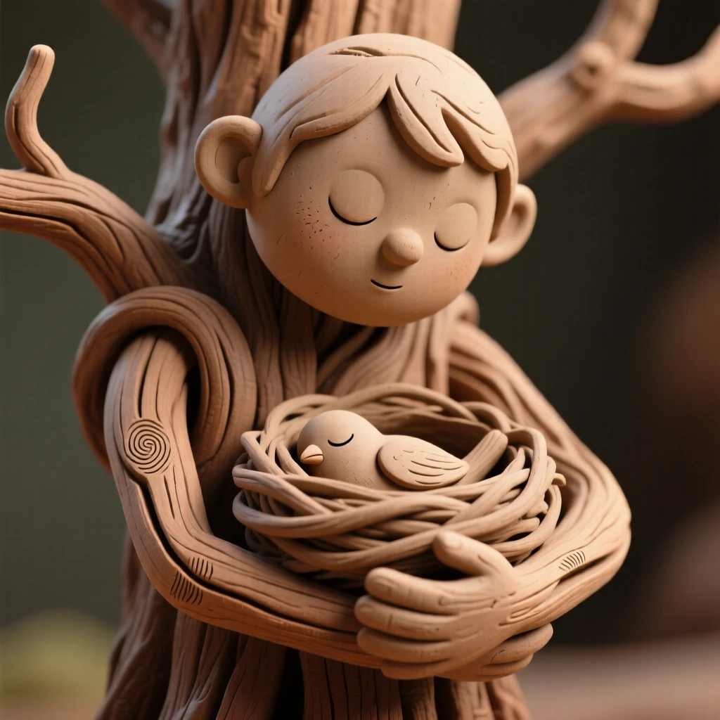 A tree spirit cradling a sleeping bird nest in its wooden arms