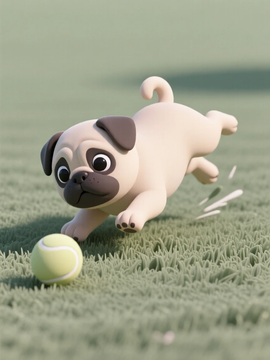 A playful pug puppy tumbles over its own paws while chasing a bouncing tennis ball across a lawn.