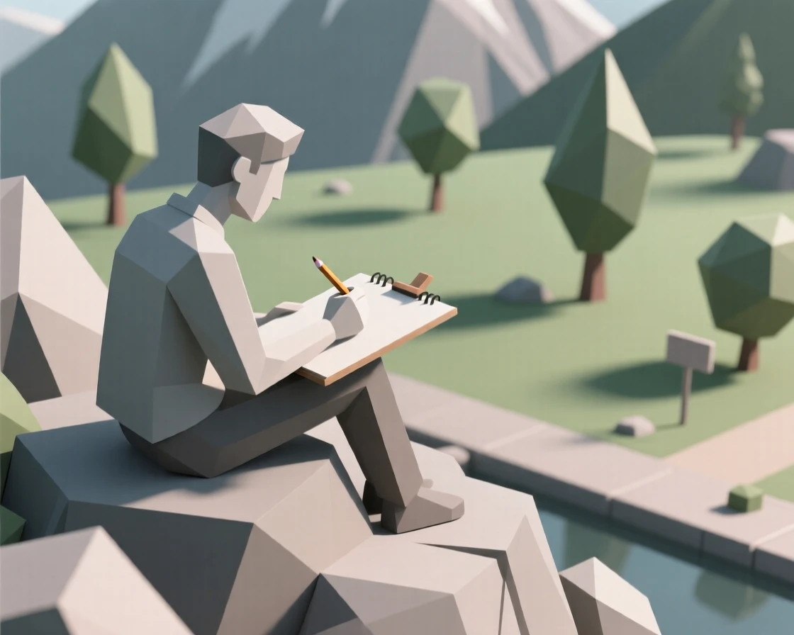 An artist sketching quietly in a park, atop a mountain overlook. fine details in expression bring the moment to life. It captures a feeling of quiet triumph.