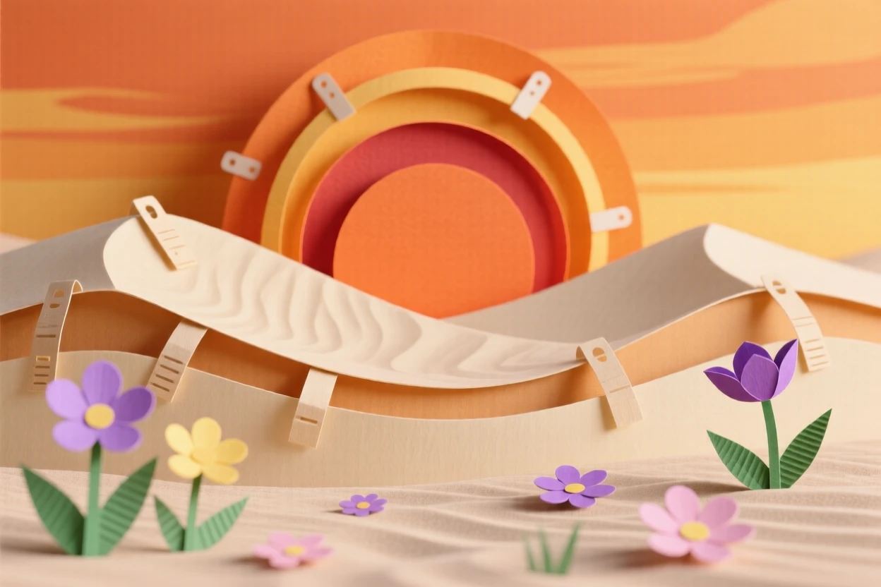 A rippling sand dune ridge under a blazing orange sunset, with wildflowers scattered through the foreground, evoking serene, meditative contemplation.