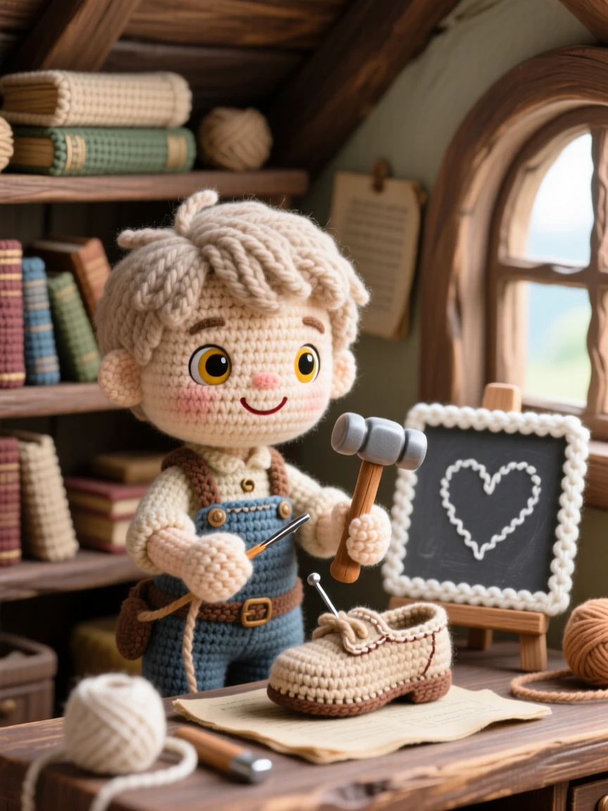 a young apprentice cobbler, with tiny nails held between his lips, hammering a sole onto a small shoe, in a snug attic study filled with old books, with a small chalkboard sign with a hand-drawn heart nearby, conveying bright-eyed enthusiasm for a beloved craft.