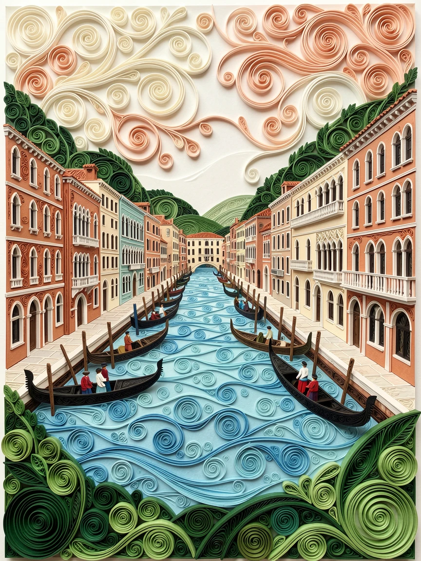 A breathtaking view of Venice's Grand Canal lined with gondolas surrounded by rolling green hills, in warm terracotta and cream architectural tones, framed with a dramatic wide-angle perspective.