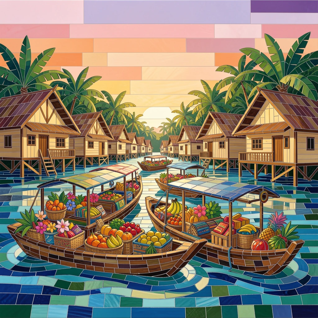 The floating markets of a lush Southeast Asian river town.