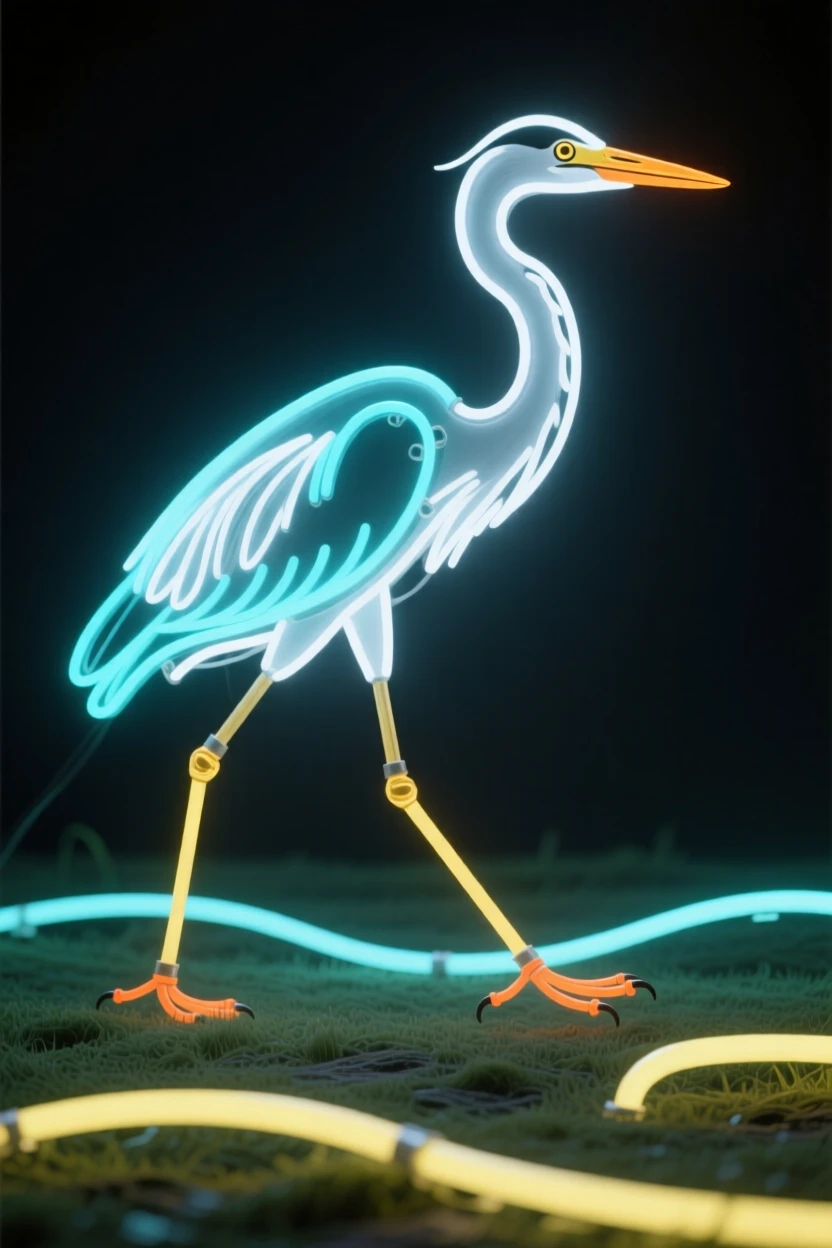 A heron captured mid-stride crossing an open clearing.