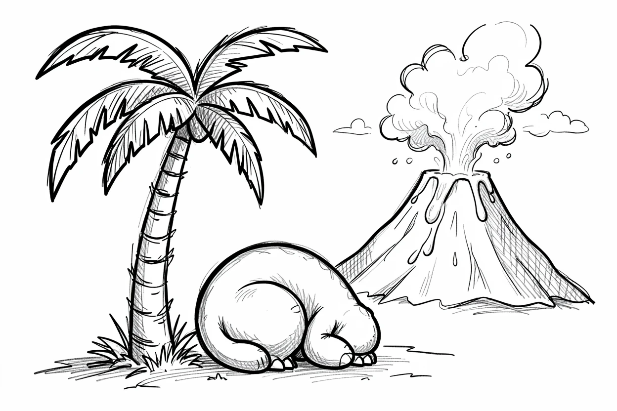 A dinosaur napping under a palm tree beside a volcano in the distance.