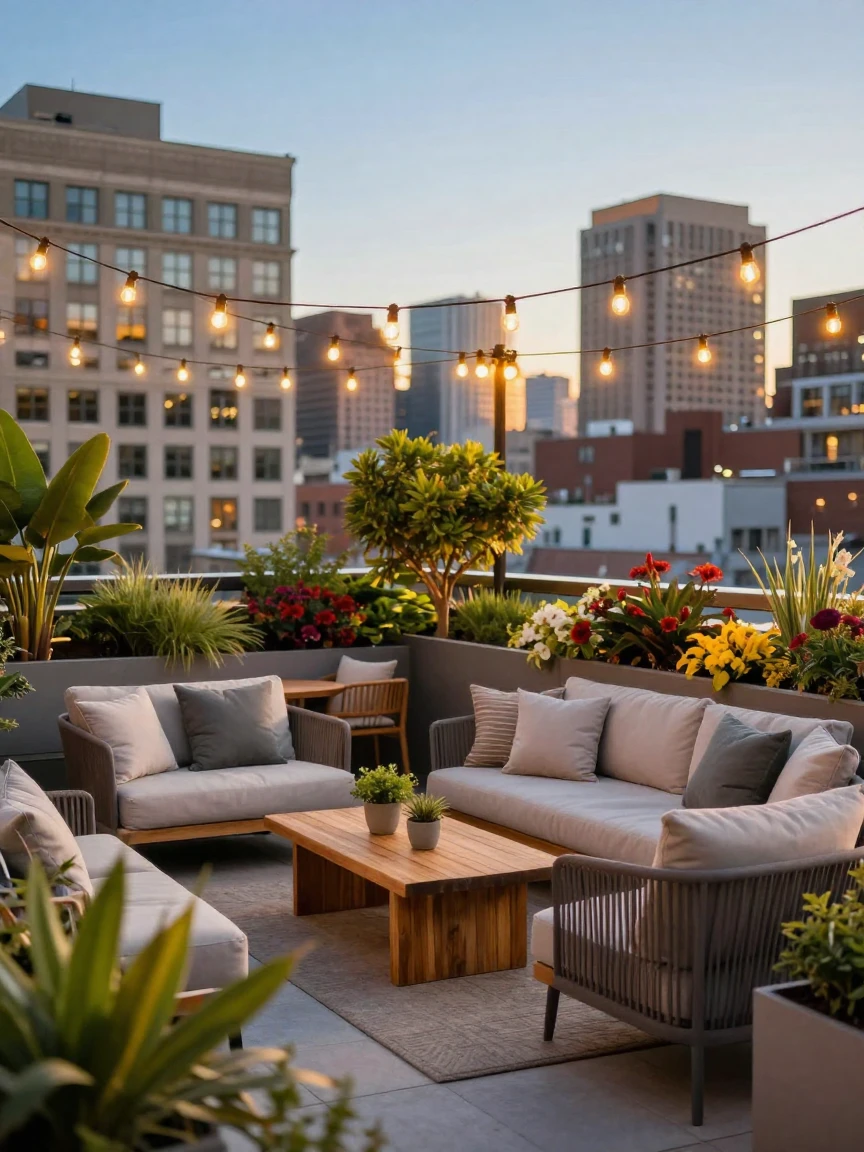 An urban rooftop garden with string lights and lounge seating