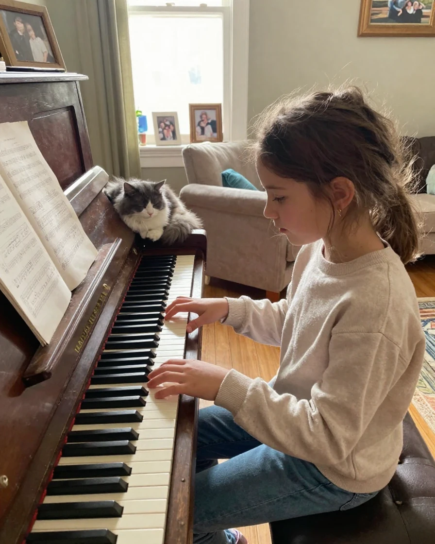A little girl practices piano scales while her cat naps on top of the instrument.